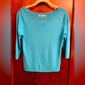EUC teal top by Joseph A. Stretch fabric, details on neckline, size large